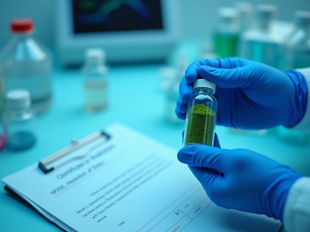 Gloved hands holding a kratom lab sample vial beside analytical testing equipment