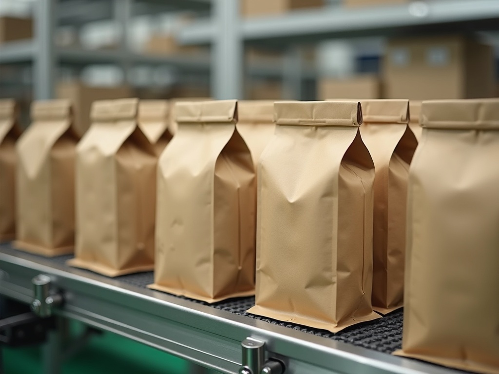 Kraft-lined foil pouches and export cartons on a GMP packing line