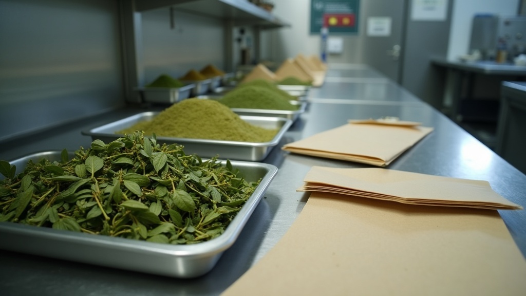 Dried kratom leaves and milled green powder in sampling trays on a stainless processing bench