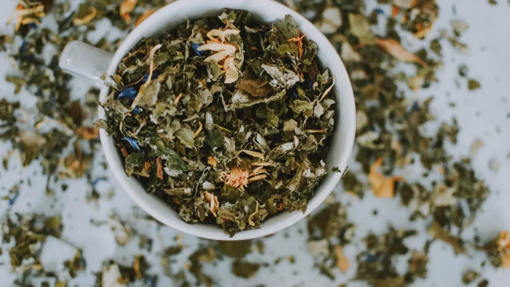 Dried leaf sample weighed out in a porcelain bowl